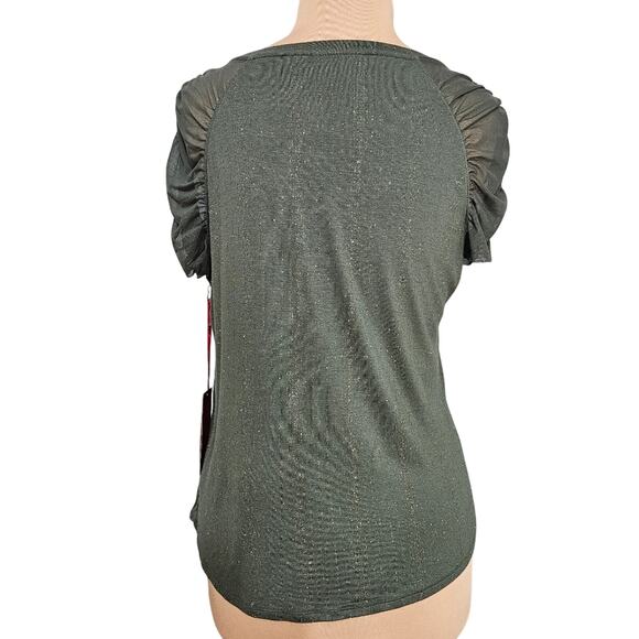New Jennifer Lopez Metallic Green Women's Top Ruched Mesh Sleeve Large Tee - Picture 2 of 16